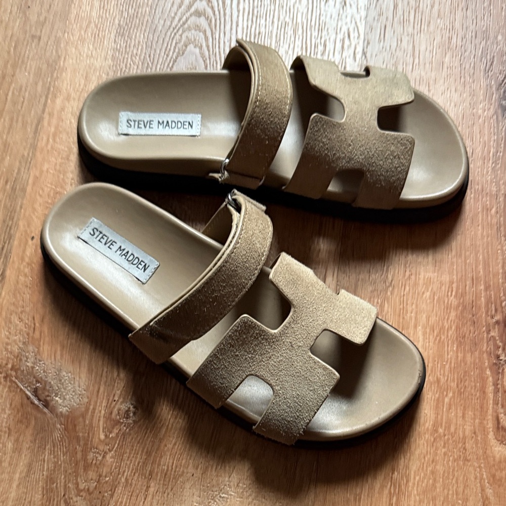 Steve Madden Tan Suede Slide Sandals - Picture 3 of 4